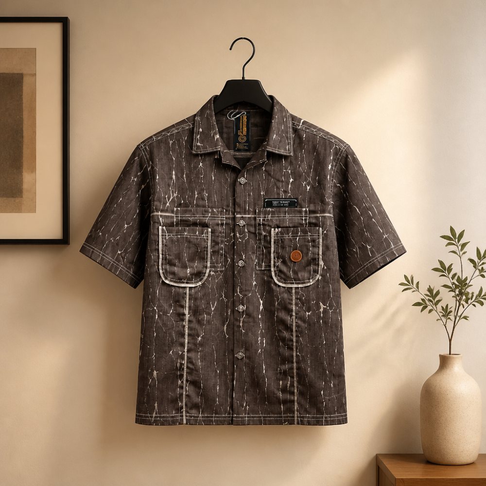 This outfit gives a bold, rugged, premium streetwear feel. The dark brown/charcoal base with the irregular white pattern makes it stand out without being too loud.