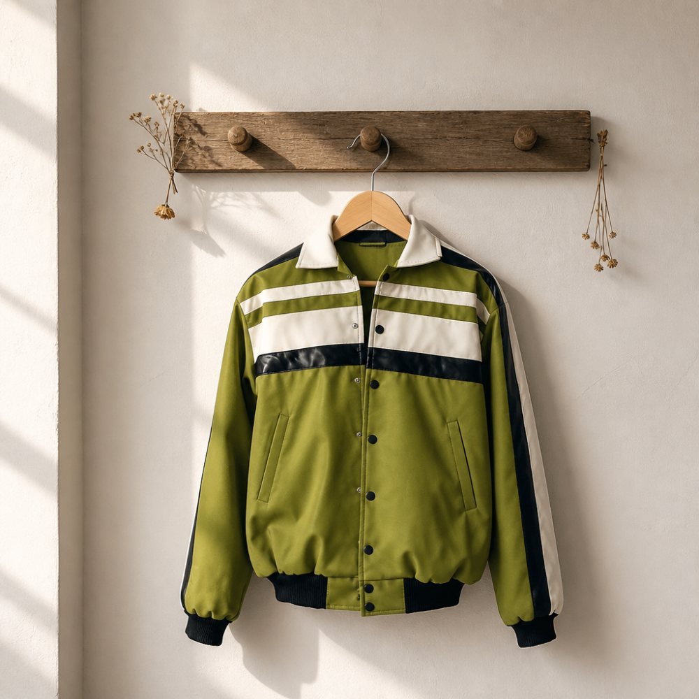 A bold retro-inspired bomber jacket featuring olive green, cream, and navy color-blocking for a distinctive look. The sporty stripes, structured collar, and relaxed fit give it a modern stre